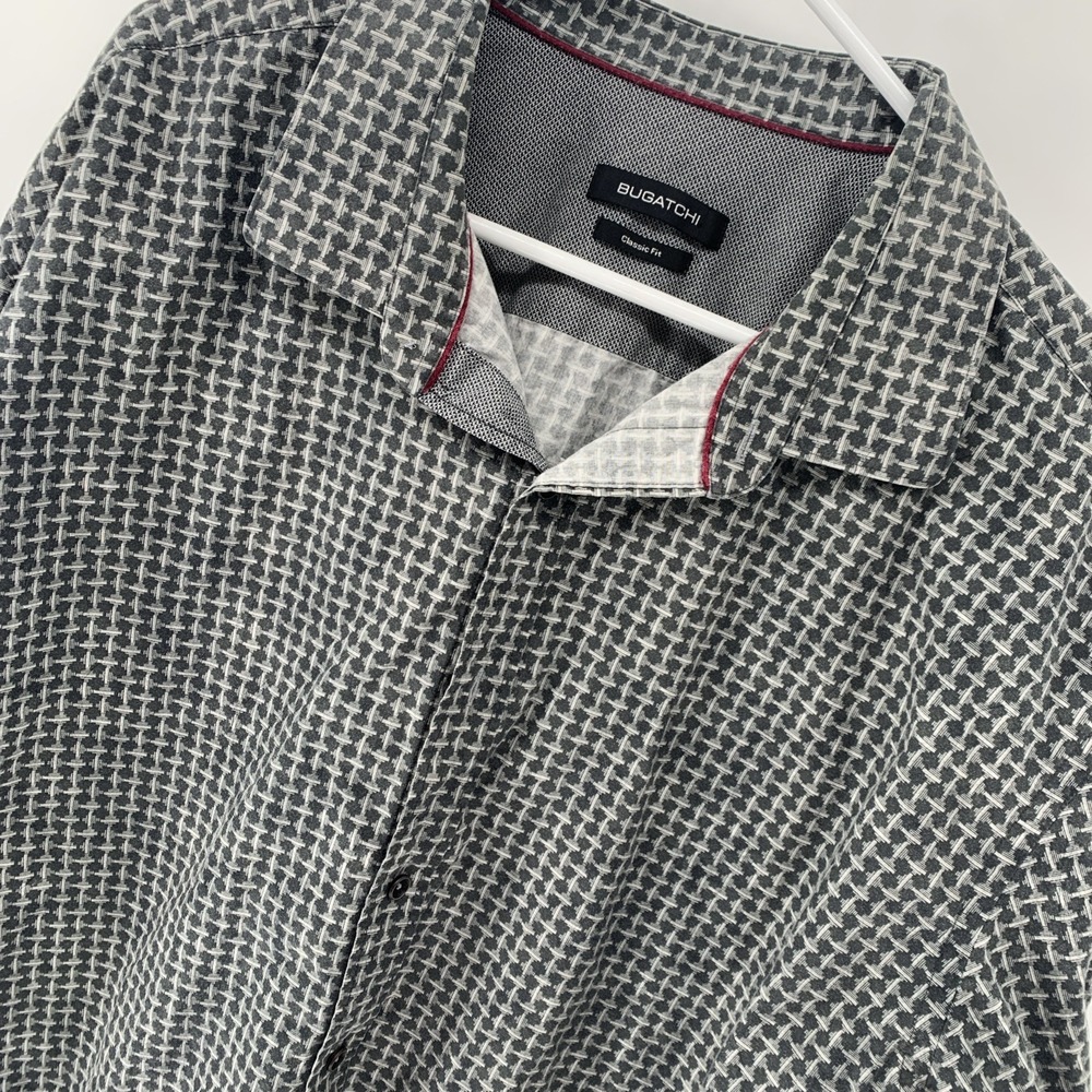 Bugatchi Shirt Mens 2XL Gray Geometric Button Up Long Sleeve 100% Cotton Classic